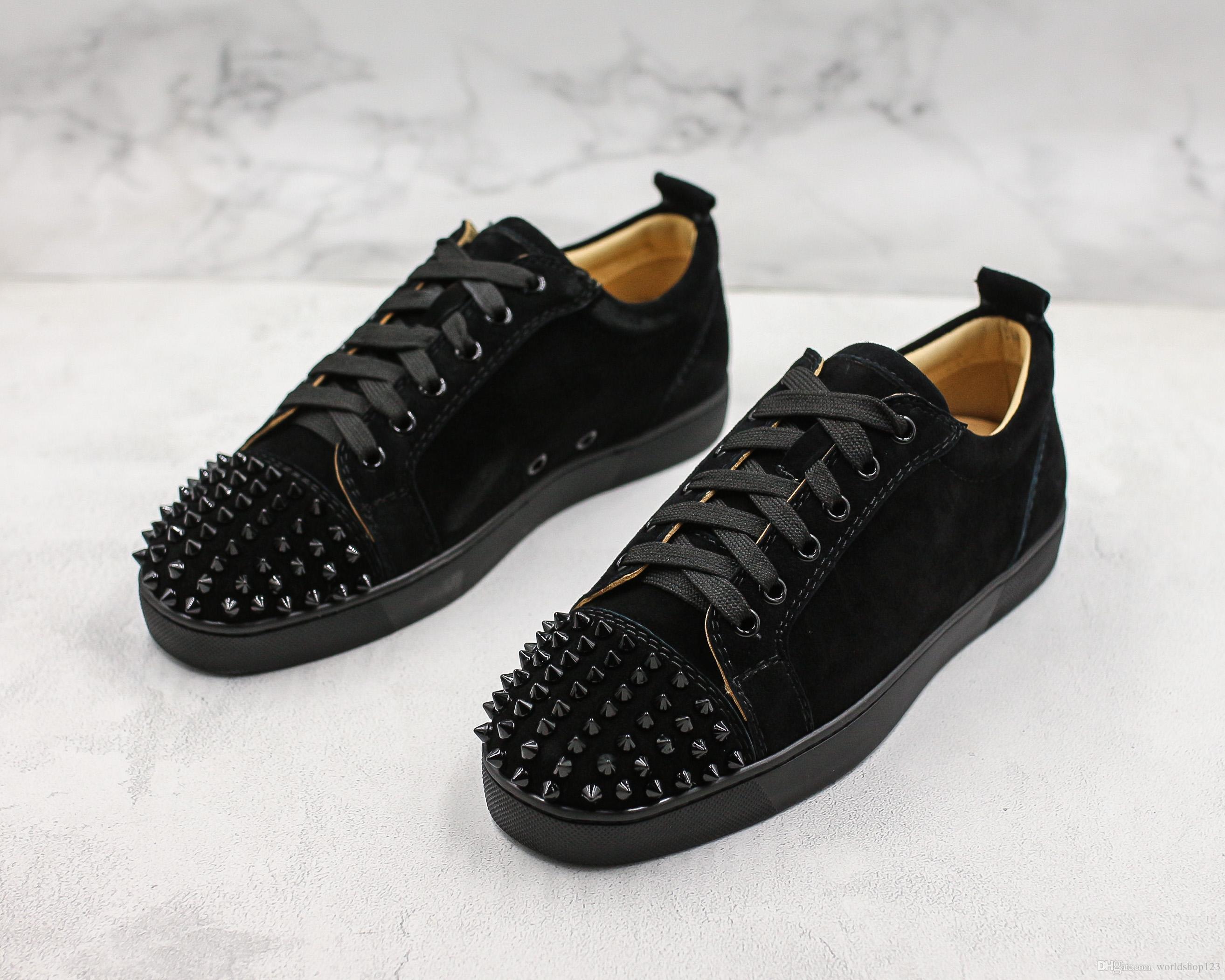 

Luxury Red Bottom Men Sneakers Black White Spiked Shoes Junior Spikes Suede Toe Trainers,Top Design brand sneaker dress party wedding casual