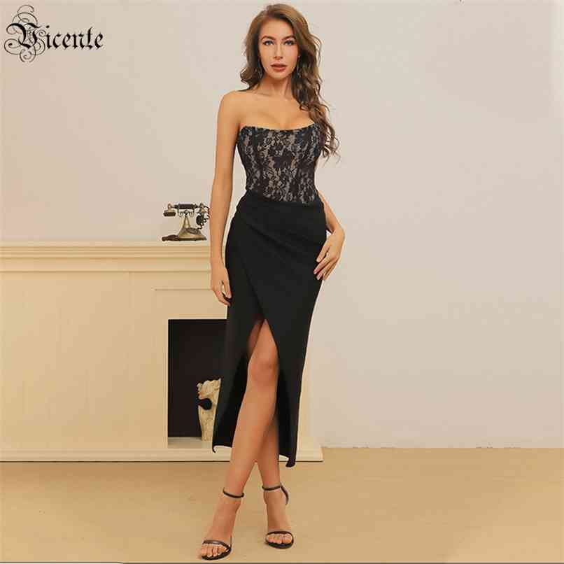 

Female Dress Celebrity Party Cocktail Split Lace Stitching Tube Top Mid-length Bandage 210520, Black