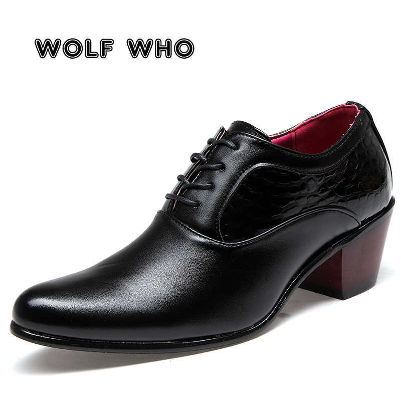 

WOLF WHO Luxury Men Dress Wedding Shoes Glossy Leather 6cm High Heels Fashion Pointed Toe Heighten Oxford Shoes Party Prom X-196 210624, 01-x-196-001