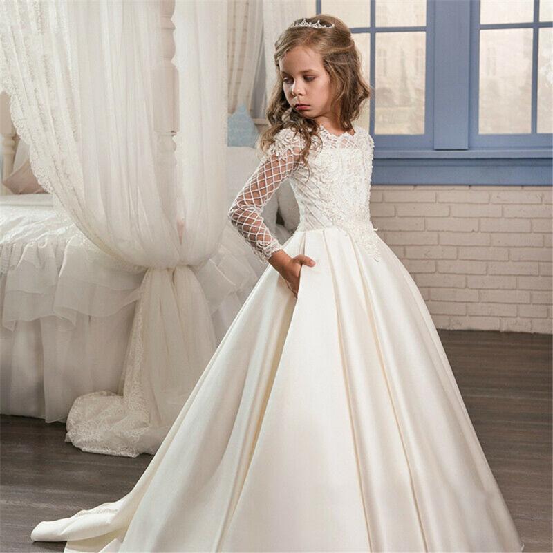 

Girl's Dresses Lace Applique Flower Girl Sleeveless Tulle Girls Pageant Gown First Holy Communion Backless Wedding Party, All ivory