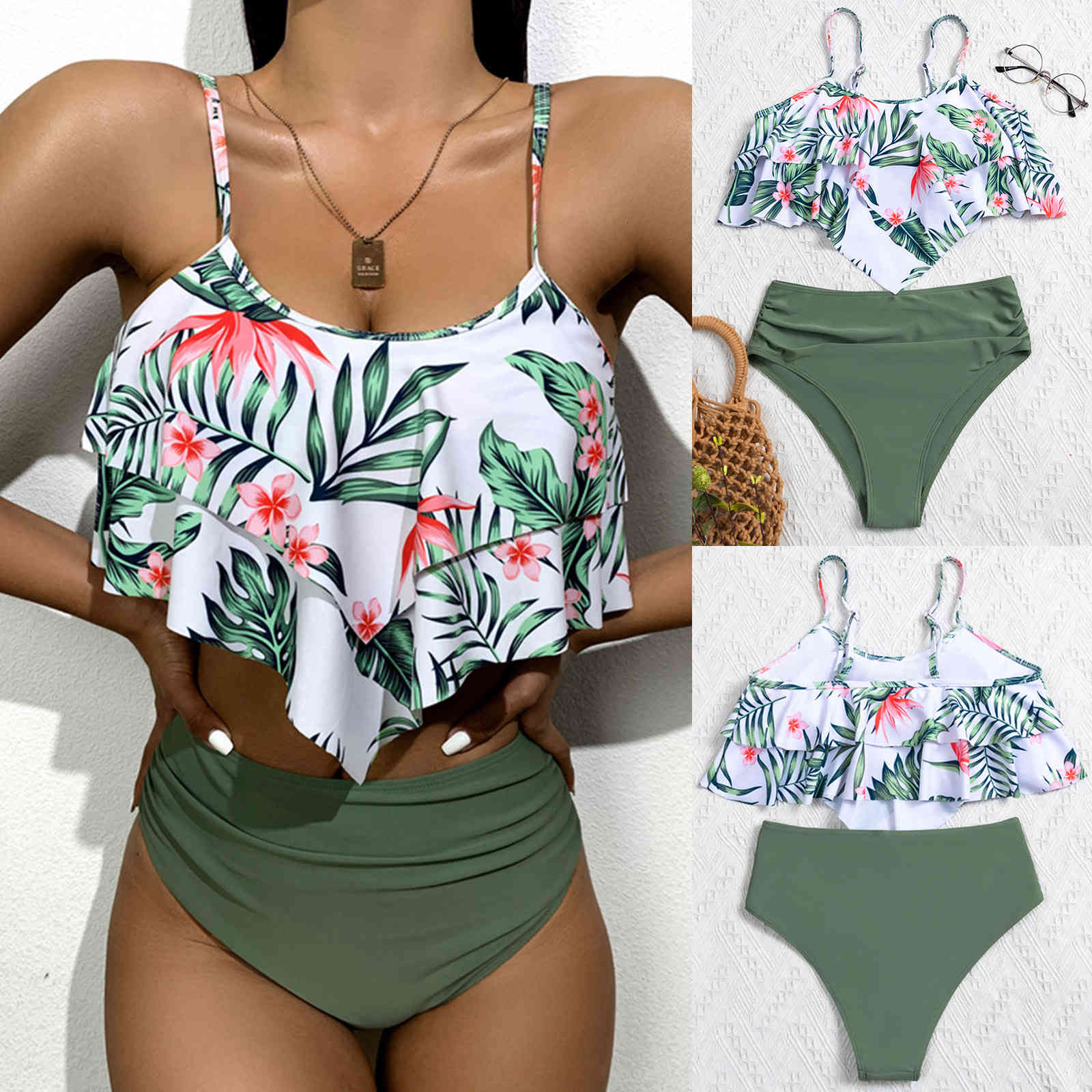 

Women's Swimwear Leaf Printing Bikini Beachwear Bathing Sexy Split Swimsuit Summer Set, White;black