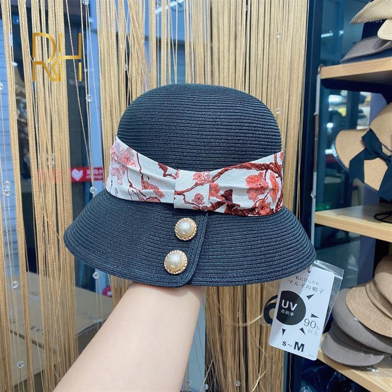 

Foldable 2022 Summer Straw Hat For Women Fisherman Sun Protection Beach Moda Praia Wide Brim Panama Sunhat RH Hats, Blue;gray