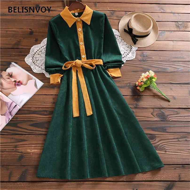 

Women Green Retro Autumn Winter Dresses Female Corduroy Vintage Patchwork Knee-Length Office Lady Chic Elegant Vestidos 210520, Gray