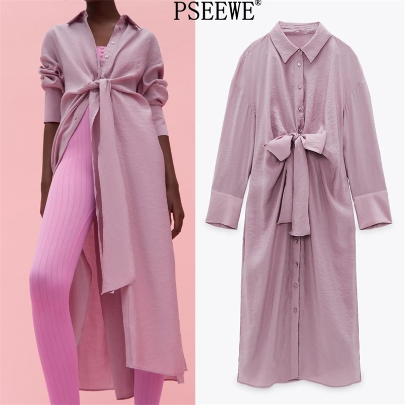 

Woman Long Shirt Dress Women Elegant Pink Knot Dresses Ladies Hem Side Vents Button Up Sleeve 210519