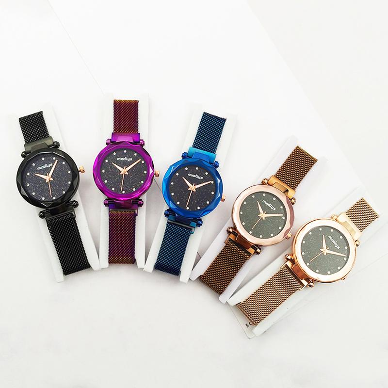 

Wristwatches 1 Pcs Women Lady Wrist Quartz Watch Round Dial Magnet Buckle Starry Sky For Business FO Sale, Black