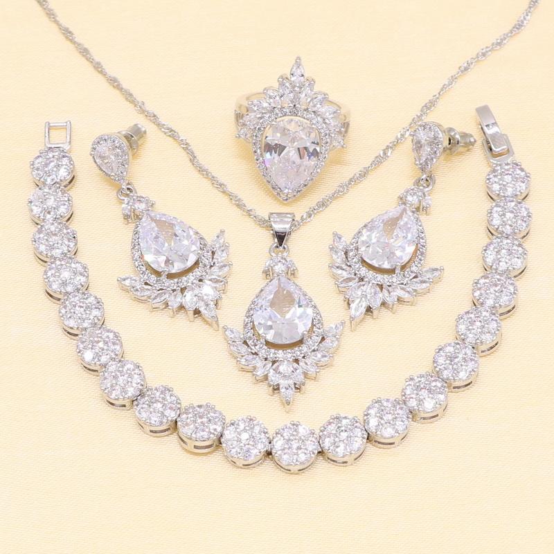 

Earrings & Necklace Flower White Cubic Zirconia Silver Color Jewelry Sets For Women Bracelet Ring Pendant Free Gift Box, As pic