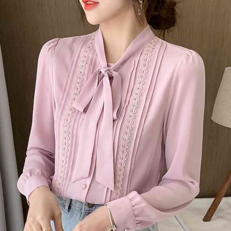 

Spring Long Sleeve Chiffon Blouse Shirt Women Tops Blouse Women Blusas Mujer De Moda Bow V-Neck Blouse Women Blouses E348 210602, White