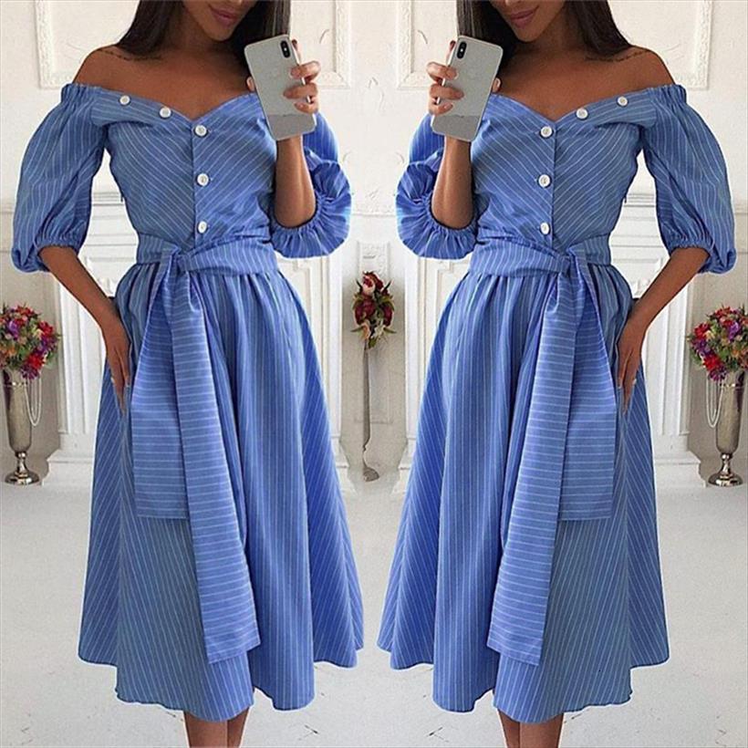 

blue striped sash tie womens dress up off shoulder loose knee length summer fashion beach elegant clothes, Black;gray