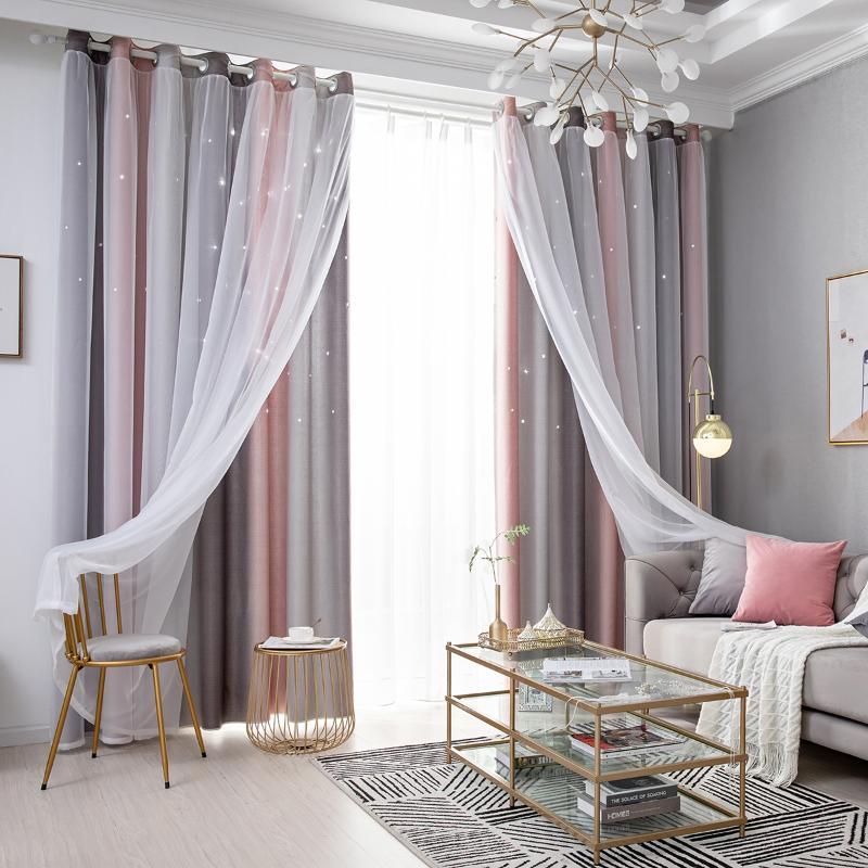 

Curtain & Drapes Modern Double-Layer Yarn Tulle For French Window Overlay Hollow-Out Stars Blackout Curtains Living Room Solid Eyelet