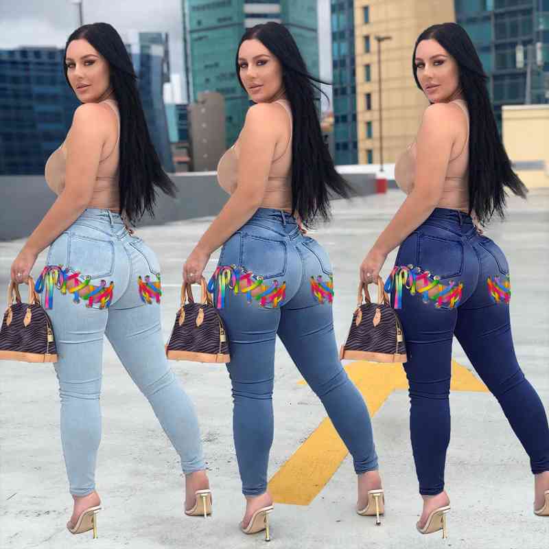 

women solid hollow out lace up jeans nightclub wear plus size high waist lace-up skinny light washed denim pencil, Blue