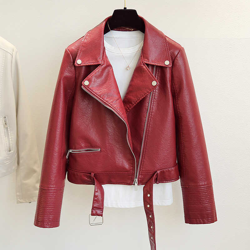 

Spring Autumn Streetwear Faux Leather Jacket Women Long Sleeve Turn Down Collar with Belt Coat Ladies Red Biker Outwear 210602, Yellow