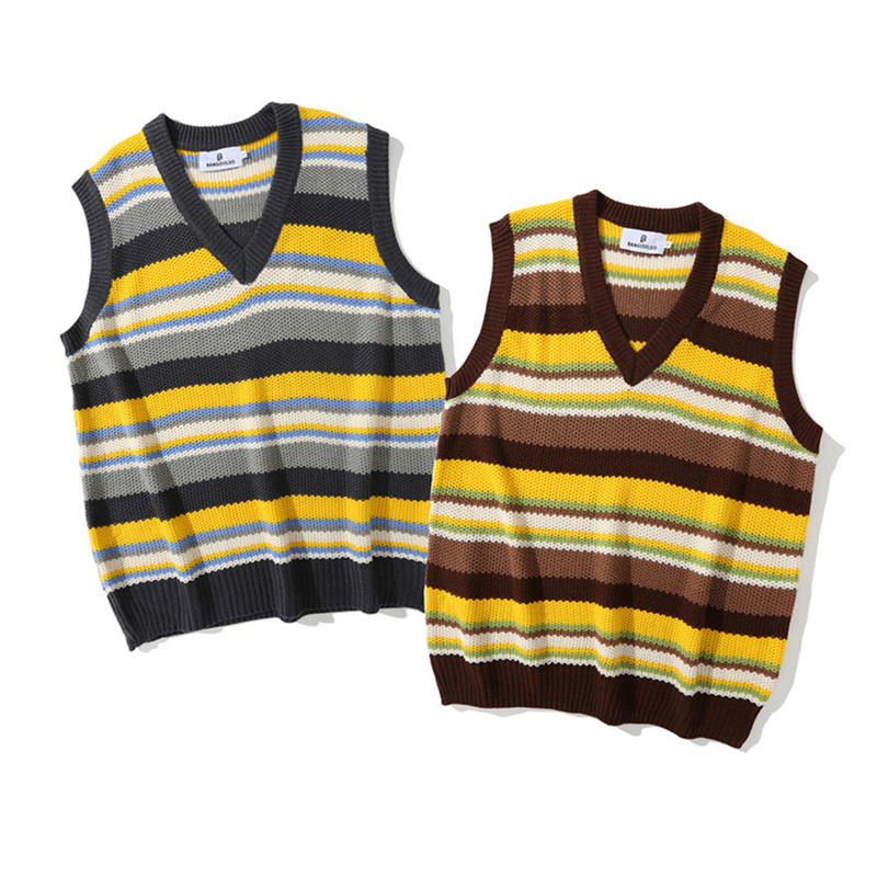 

Vintage Striped Knit Cardigan for Men and Women Sleeveless Sweater Vest V-neck Contrast Color, Black;white