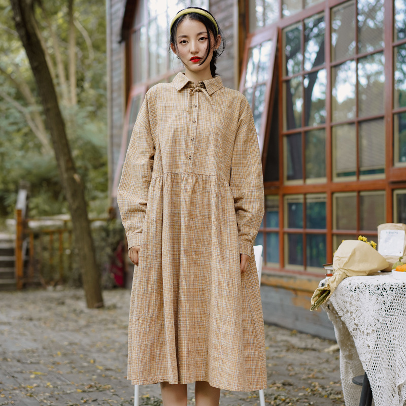 

Johnature Japan Style Women Gentle Plaid Dress Long Sleeve Loose A-line Artistic Retro Cotton Dress Autumn Winter Clothes 210521, Green