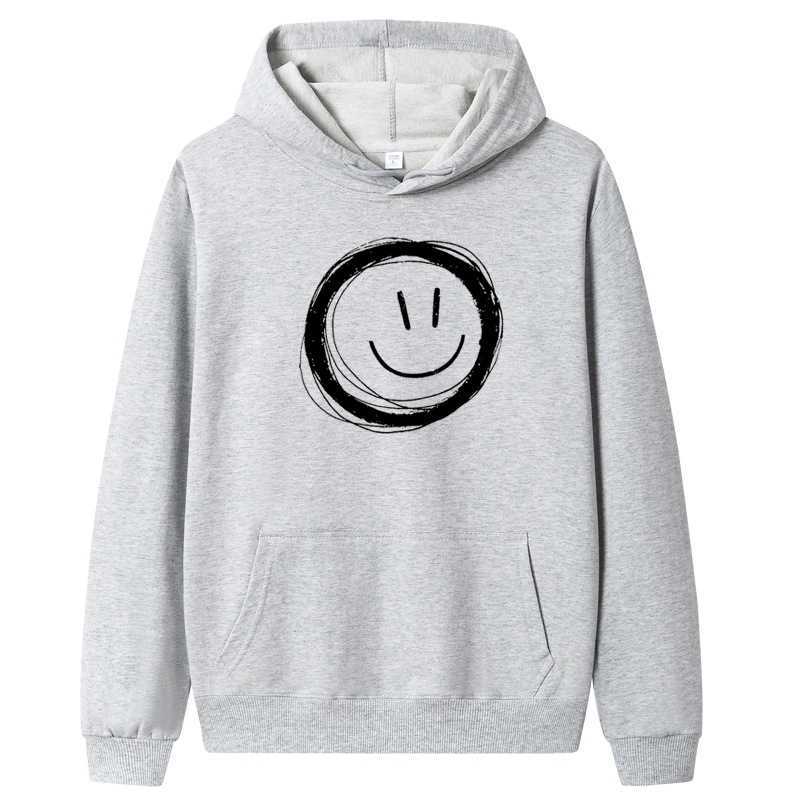 

2021 new men's Hooded Sweater Korean fashion hip hop smiling face printed casual sweater, White