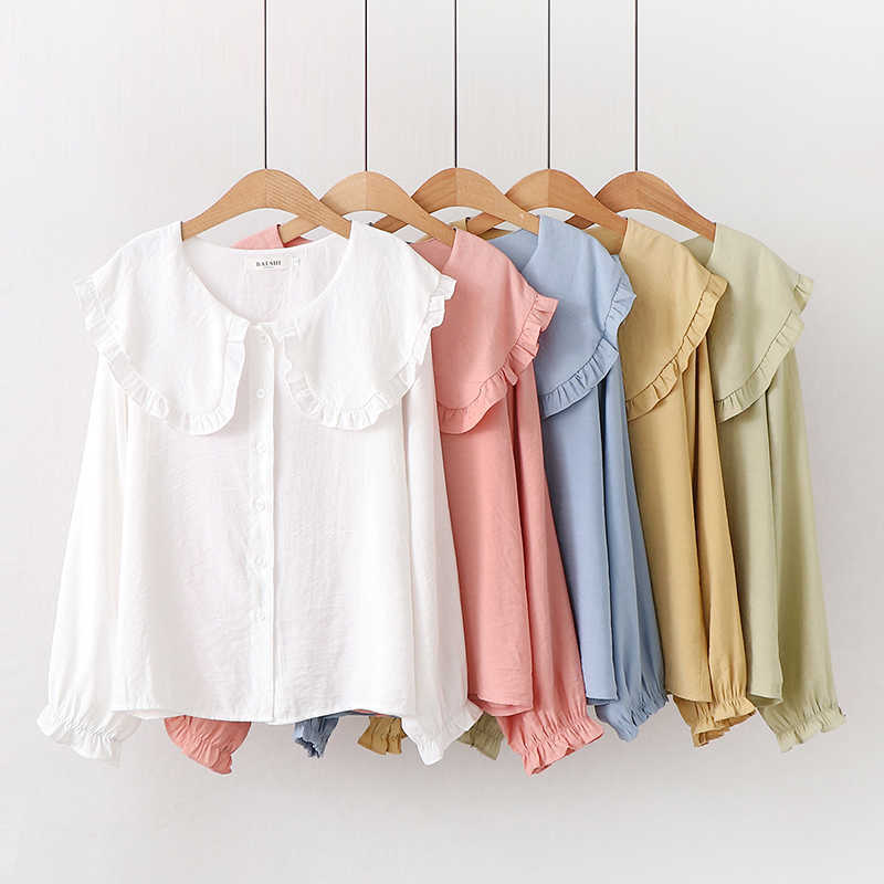 

Chic Women Long Sleeve Sweet Peter Pan Collar Blouses Solid Casual Retro Sweet Button Blouses Autumn Blouse Tops Shirt 210604, Pink