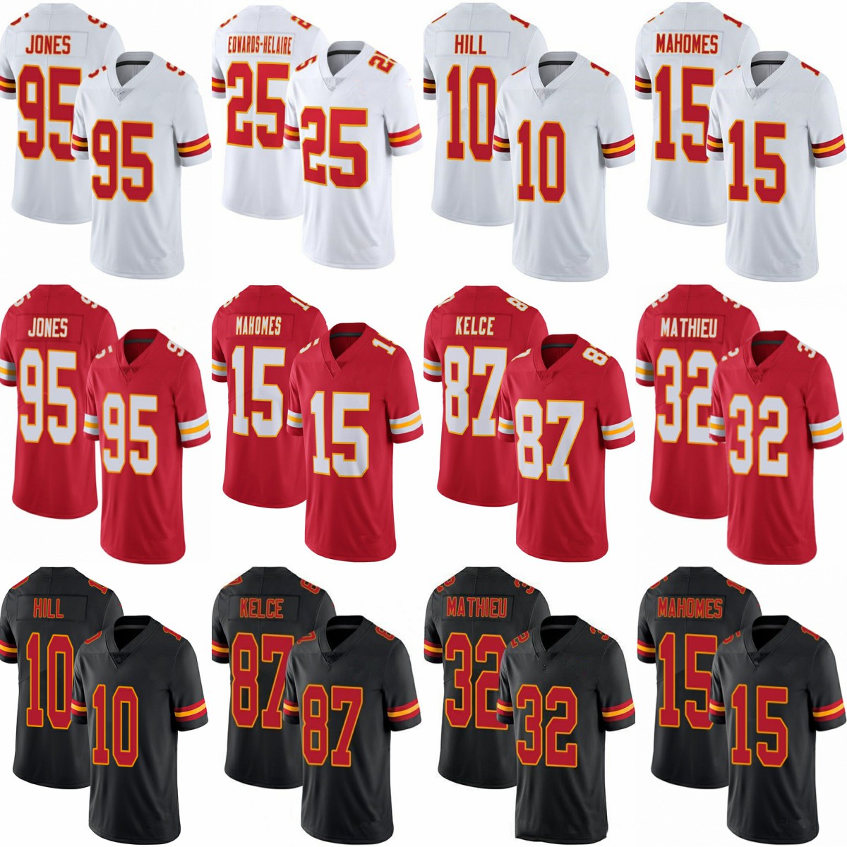 

Mens Womens Kids Youth 15 Patrick Mahomes 87 Travis Kelce Tyreek Hill Football Jerseys 25 clyde Edwards-Helaire 32 Tyrann Mathieu 95 Chris Jones Mecole Hardman Jersey, Shown