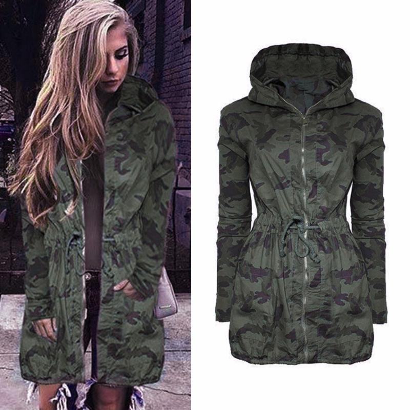 

Women' Jackets 2021 Women Camouflage Long Coat Fashion Drawstring Zipper Slim Hooded Jacket Spring Autumn Sleeve Hip Hop Camo Outwear, As the picture