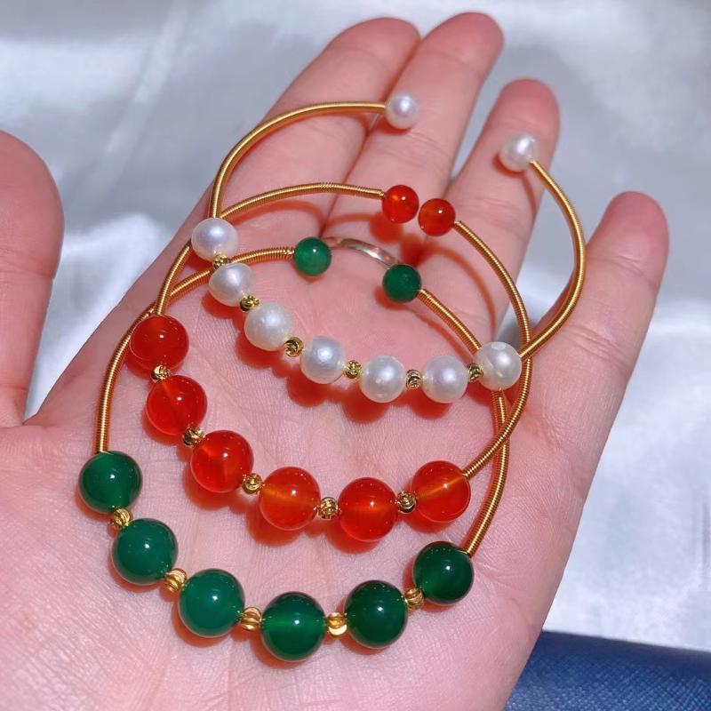

Bangle 2021 Natural Pearl Red Green Agate Bracelet 14K Gold Color Open Women's Fashion Party Jewelry Gift