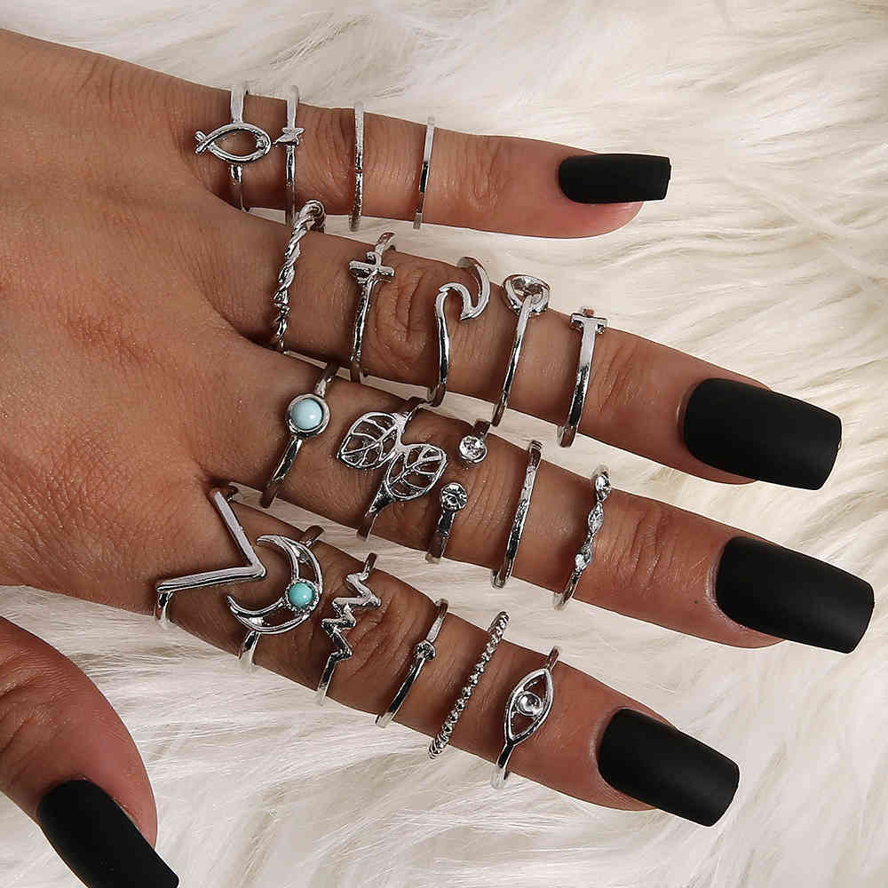 

Bohemian V-Shaped Leaves Eyes Geometric Circle Moon Ring 20-Piece Ring Set