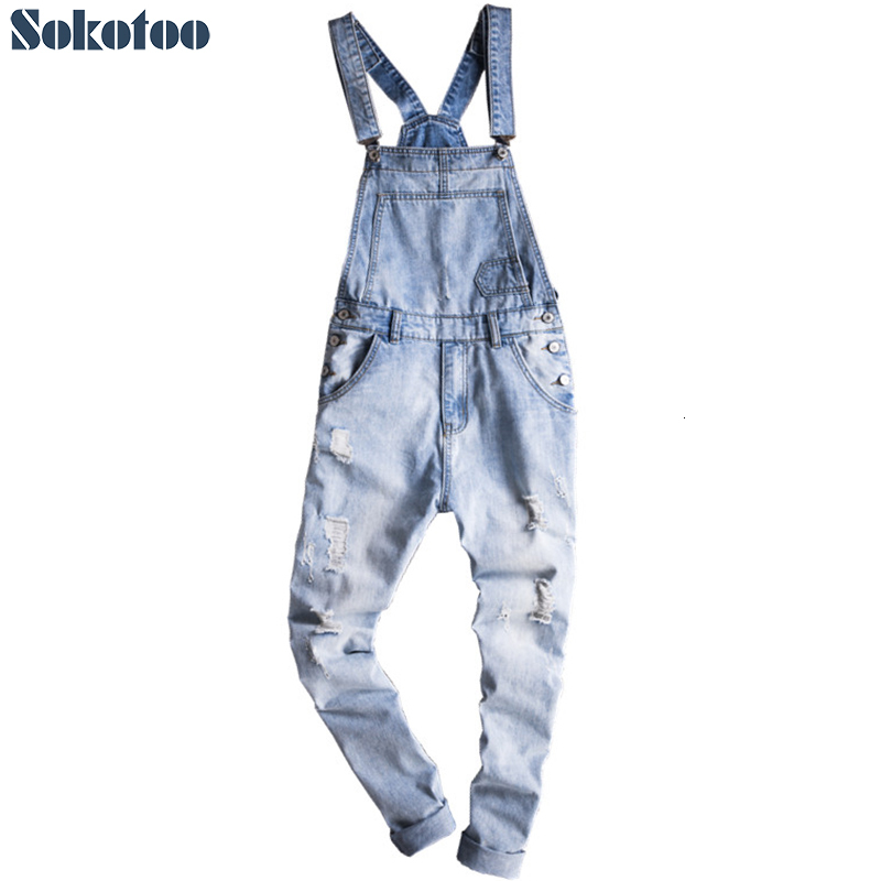 

fashion jeans men's light blue slim snow washed denim bib overalls for tall big plus size hole ripped suspenders jumpsuits cargo torn