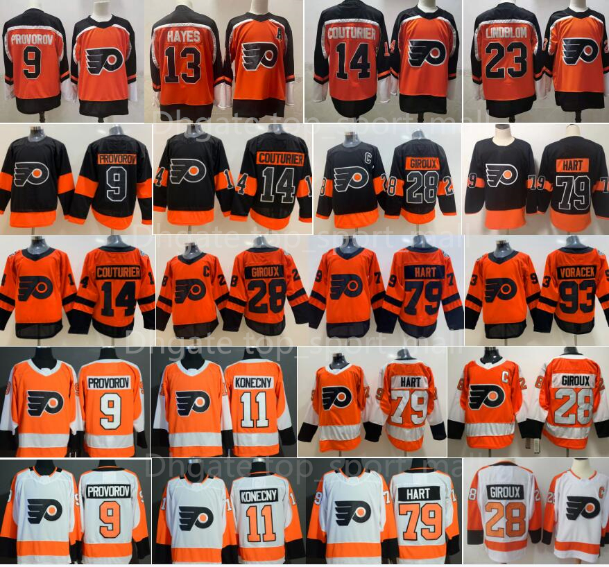 

Philadelphia Flyers Jersey Ice Hockey 9 Ivan Provorov 11 Travis Konecny 13 Kevin Hayes 14 Sean Couturier 23 Oskar Lindblom 28 Claude Giroux Carter Hart Reverse Retro, Black
