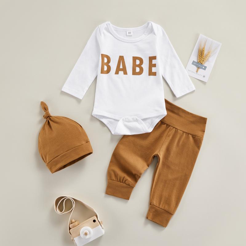 

Clothing Sets 3Pcs Baby Girls Boys Clothes Summer Fall Letter Print Long Sleeve Romper Tops + Solid Color Pants Hat Casual Outfits, White