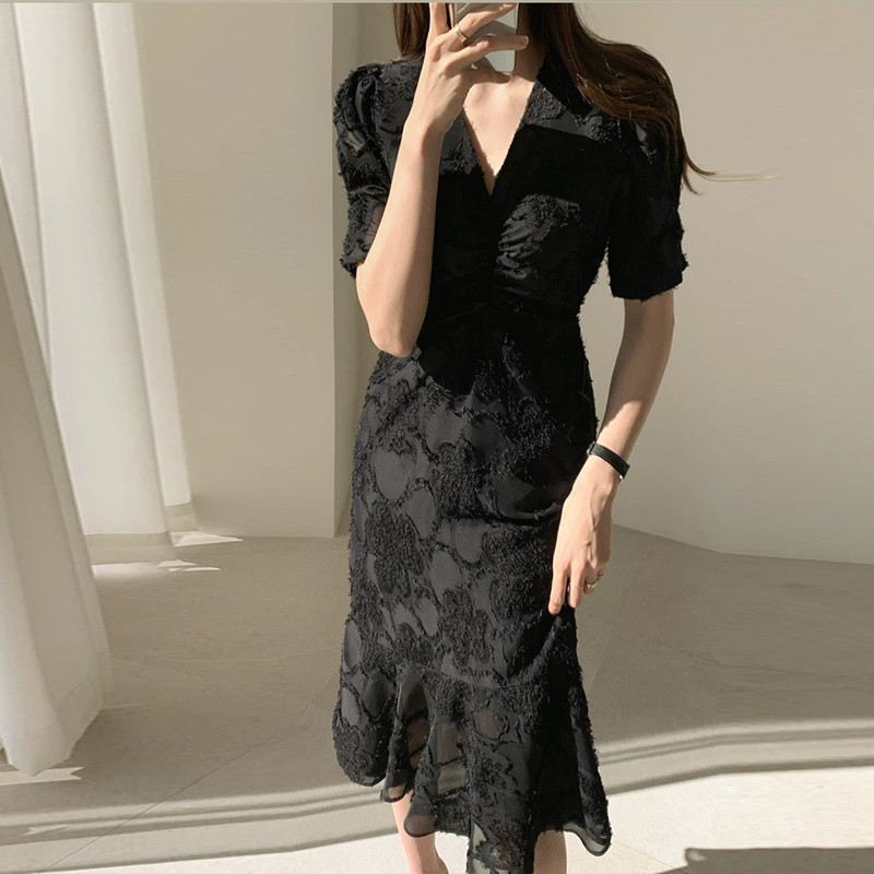 

ZAWFL Ladies Ruffles Short Puff Sleeves Corset Black Midi Dress Women Lace Patchwork Mermadi Dresses Summer Vestidos 210525, Picture color