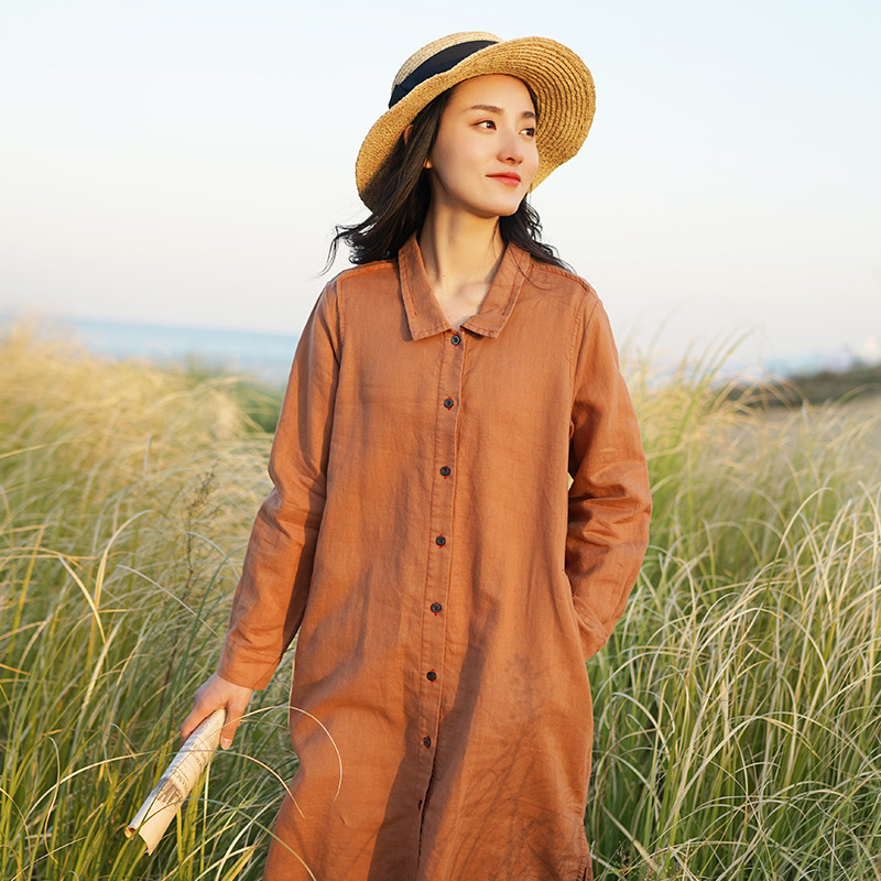 

Johnature Women Cotton Linen Shirt Dresses Turn-down Collar Spring Button Casual Soft Female Clothes Vintage Dresses 210521, Gray blue