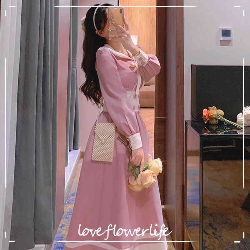 

Spring Preppy Style Pink Kawaii Dress Women Sailor Collar Puff Sleeve Vintage Midi Dress Ladies Party Dress Korea 210521, As picture