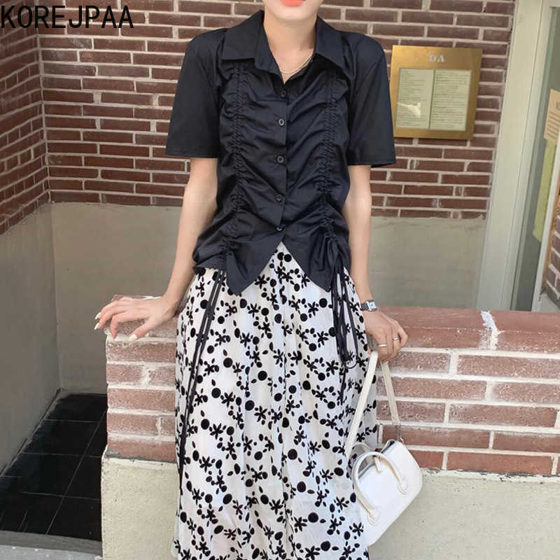 

Korejpaa Women Set Summer Korea Lapel Single-Breasted Drawstring Short-Sleeve Shirt Vintage High-Waist Floral Flocked Skirt 210526