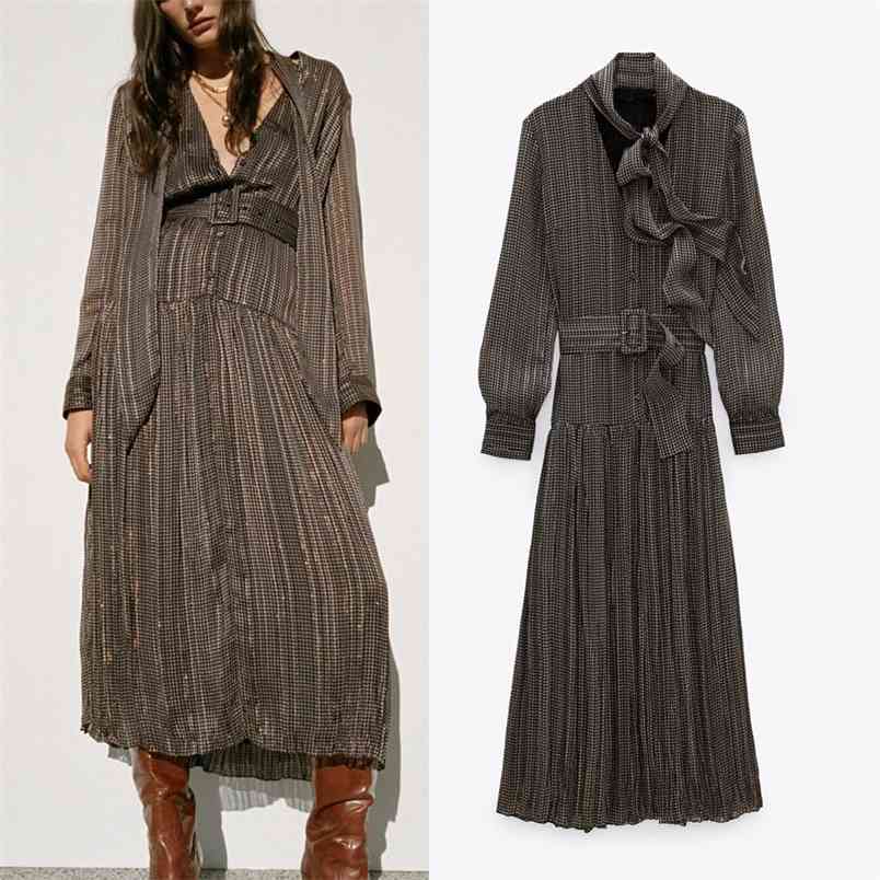 

Fashion With Belt Printed Midi Dress Women V-neck Tied Long Sleeve Button Pleated Woman Elegant es 210519, Print