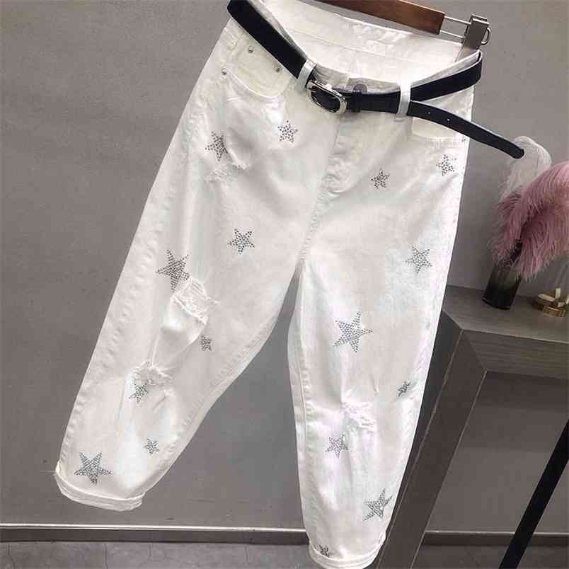 

Spring Autumn Korea Fashion Women White Jeans High Waist Vintage Hole Loose Denim Pants Casual Ankle-length Harem D436 210708