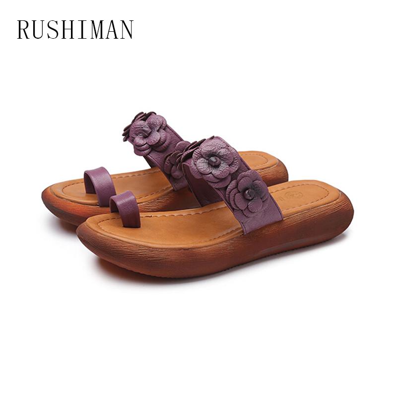 Slippers RUSHIMAN Girl Clip Toe Flat Casual Leather Flower Slope Retro Brush Color Mori Female Cowhide Cold Drag Ze 35-40, Black