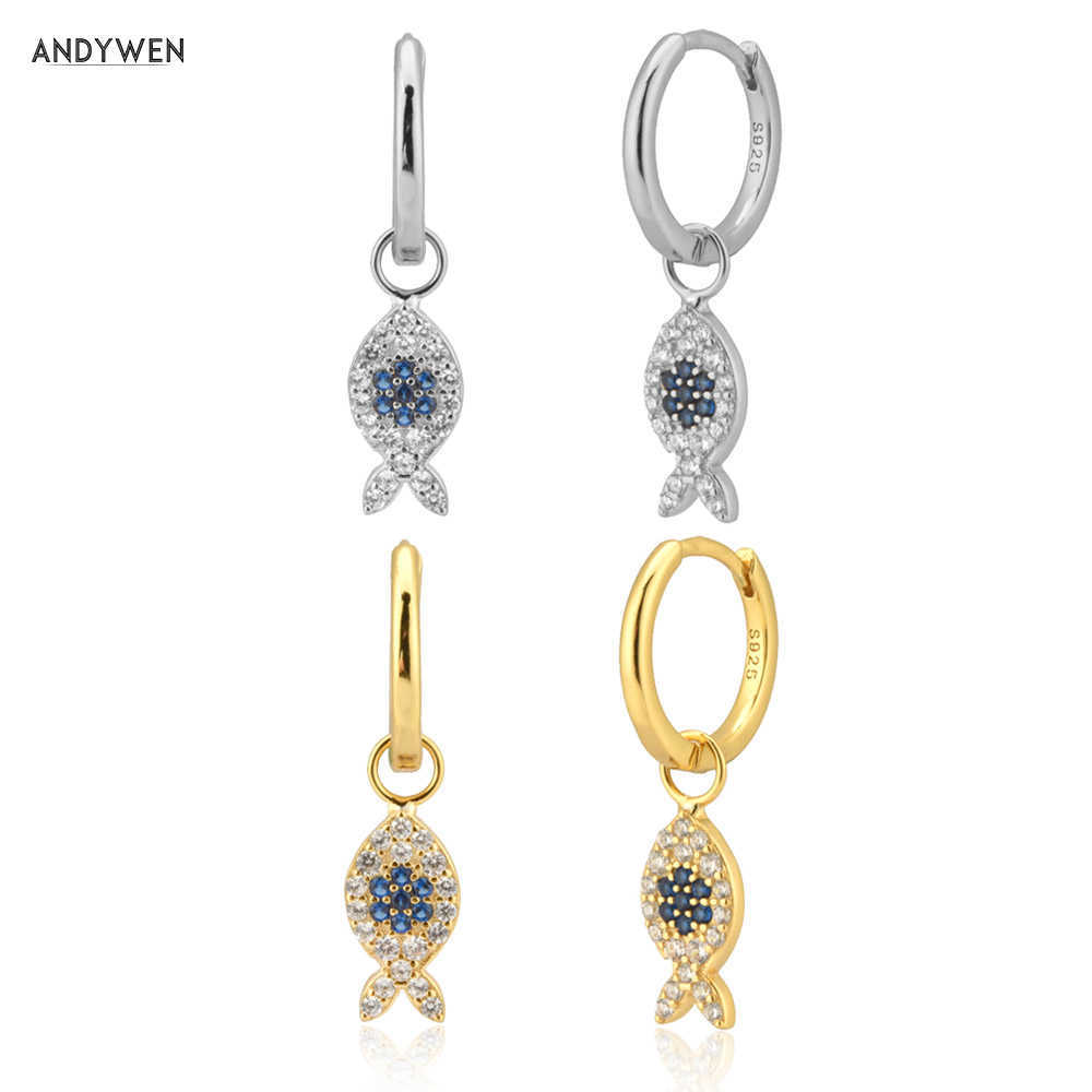 

ANDYWEN 925 Sterling Silver 8.5mm Fish Pendant Blue Eye Charm Drop Earring Women Fashion Wedding Jewelry Piercing Pendiente 210608