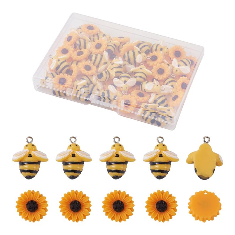 

Charms 60Pcs/box Flat Back Bees & Flower Opaque Resin Pendants Cute Earring Pendant Necklace Bracelet DIY Jewelry Accessories, Bronze;silver