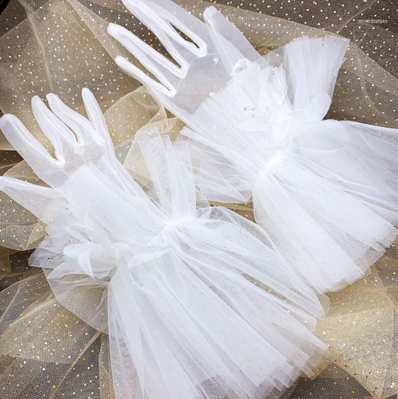 

Women's Elegant White Color Pearl Beaded Mesh Glove Female Spring Summer Sunscreen Lace Driving R29611