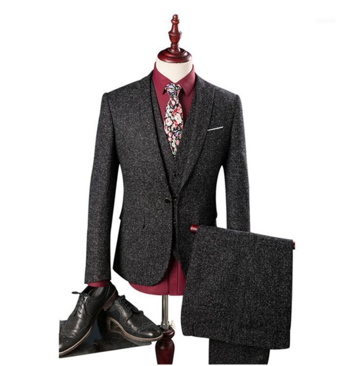 

(Jacket+Vest+Pants) Men's Suits 2021 British Style Fashion Single Button Wool Suit Men Wedding Mens Clothes1, Same as photo