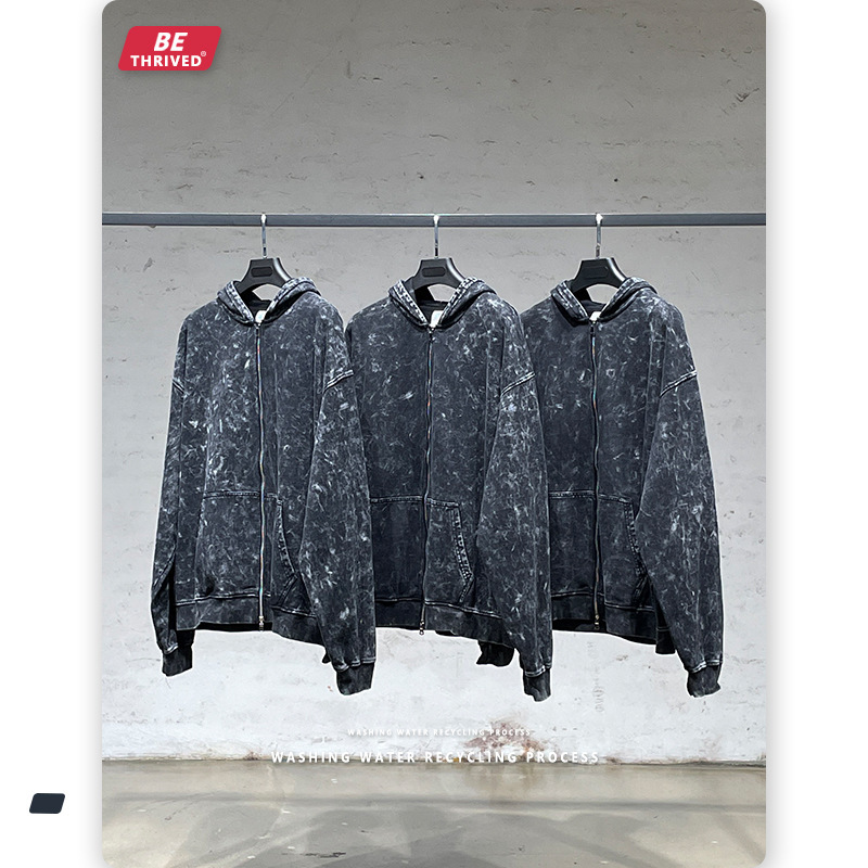 

be men's wear 2021 autumn double zipper heavy industry washing used sweater new high street fashion brand hoodie, Black
