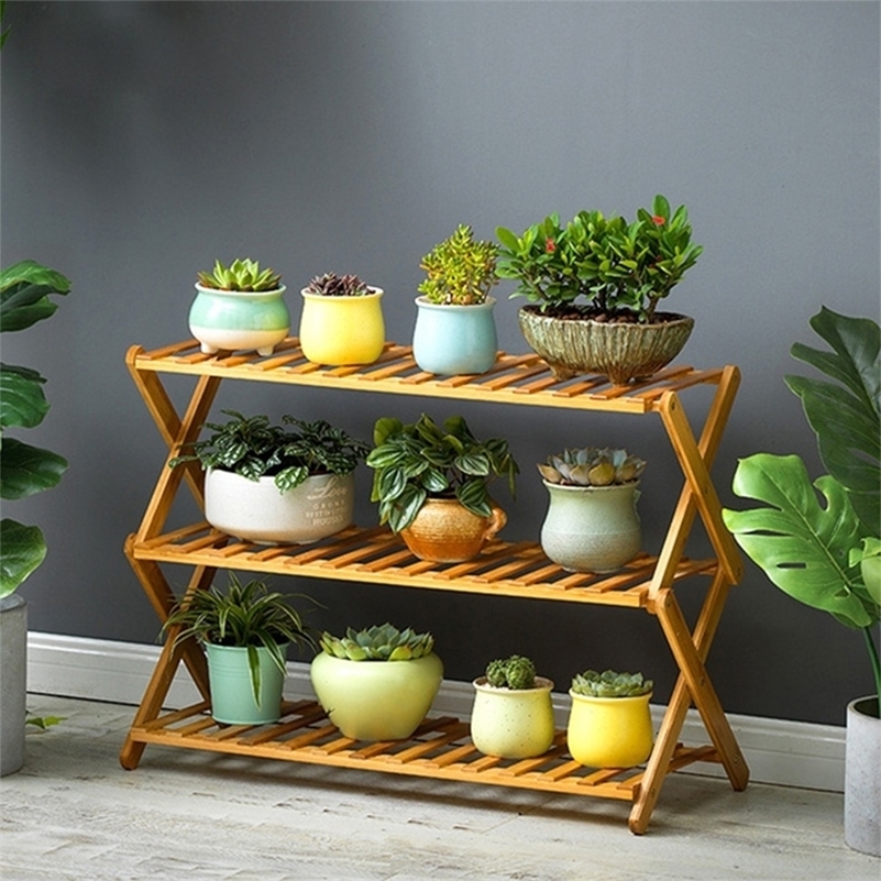 

3/4 Layers Natural Bamboo Shoe Shelf Folding Display Stand Multifunction Flower Pots Wine Space Saving Storage Rack 220216