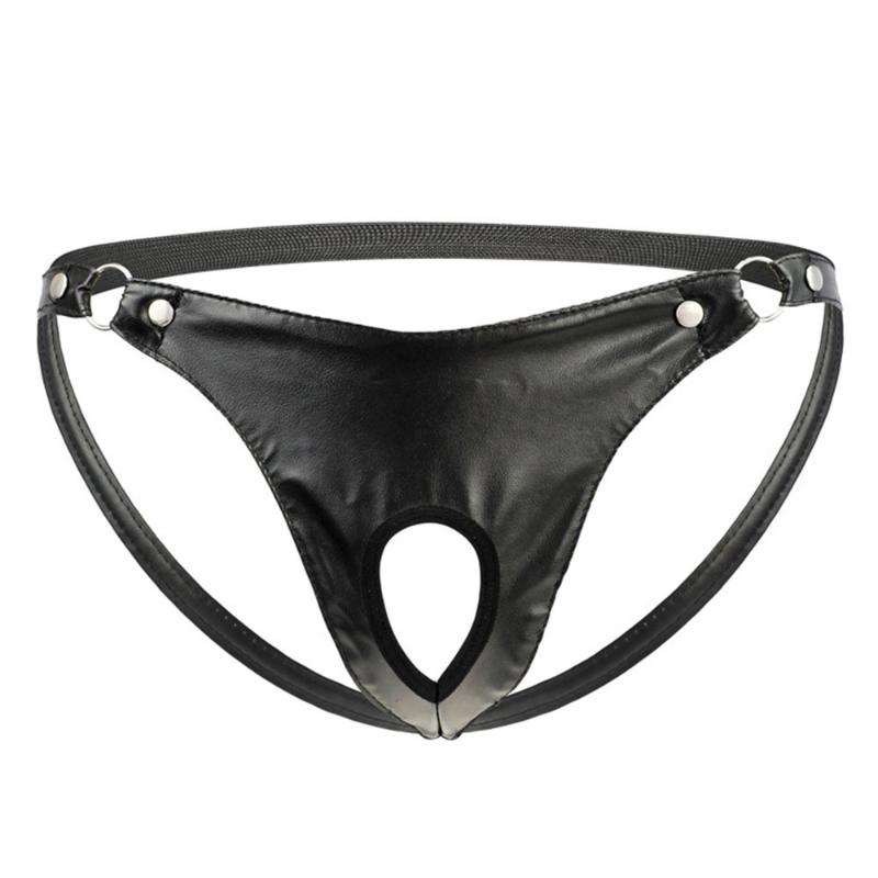 

Underpants Men's Sexy Underwear Artificial Leather Metal Ring Thong Jock Strap, As pic
