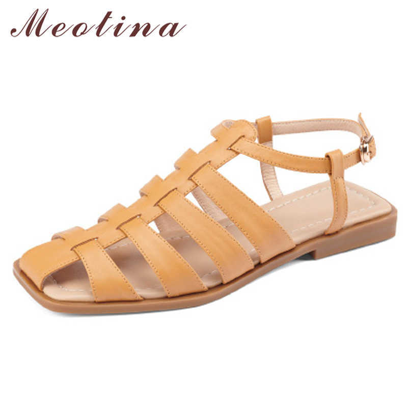 

Meotina Women Gladiator Sandals Shoes Flat Buckle Sandals Square Toe Ladies Footwear Summer Yellow Beige 34-40 Fashion Shoes 210608