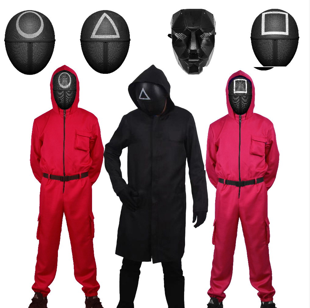 

Netflix's best-selling adventure Squid game Square Boss Round Gym Clothing Villain Red Jumpsuit Halloween Cosplay Costume Party With masks, Option