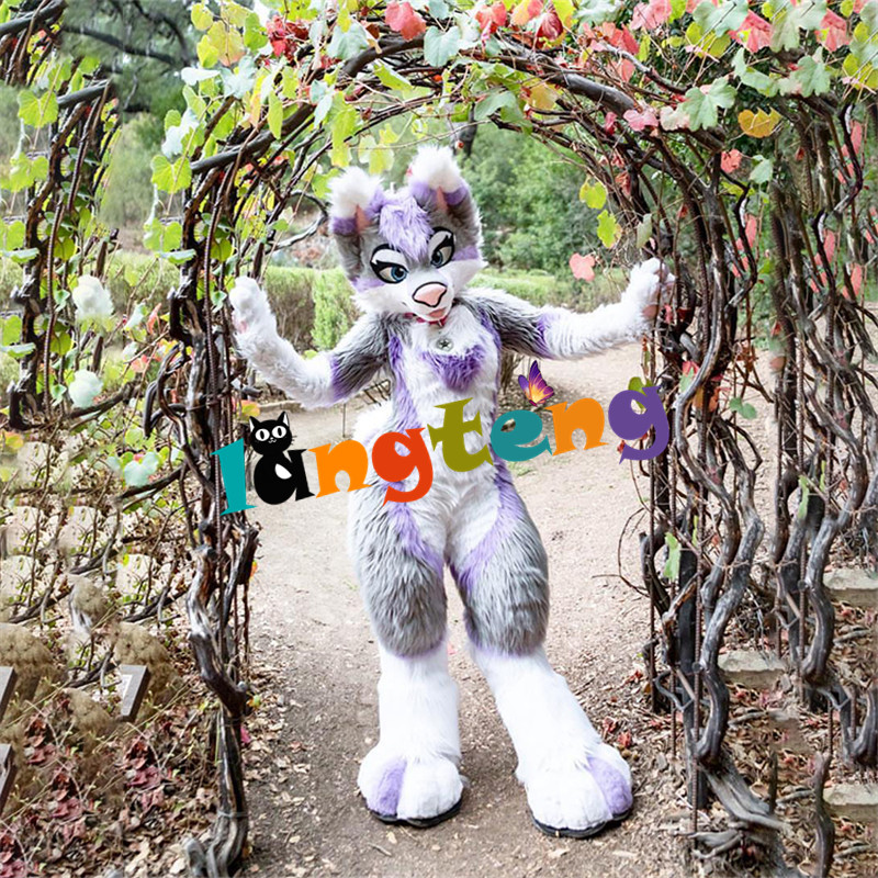 Mascot Costumesn422 Sexy Long Furry Beau Costume de mascotte de chien Husky Grey Husky