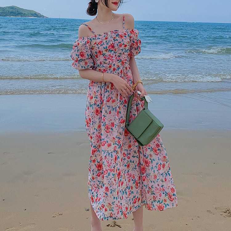 

Summer Women Fashion Floral Print Spaghetti Strap Chiffon Dress Sexy Off Shoulder Beach Boho Long 210526, Photo color