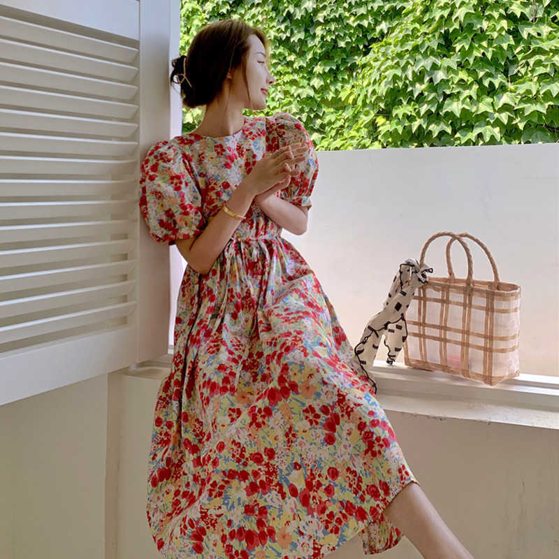 

Women Chic Fashion Flower Print Midi Dress Vintage Puff Sleeves Casual Female Dresses Vestidos Mujer 210529, As picture