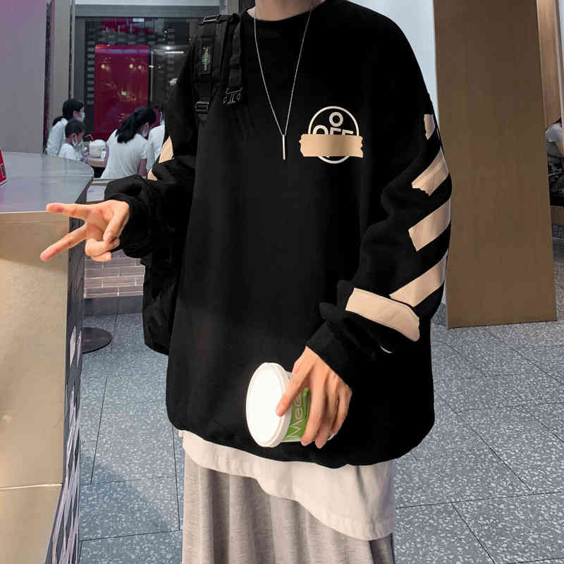 

Off oil painting Monroe white gilded tape ow large fashion cardigan coat student round neck Pullover, Black