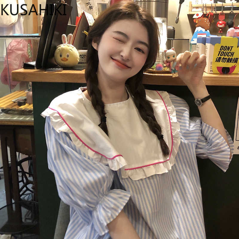 

Blouse Korean Hit Color Sailor Collar Sweet Puff Short Sleeve Women Tops Causal Summer Blusas Shirt 6G527 210603, Blue