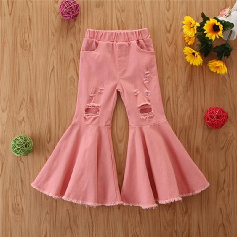 

Jeans Girls Autumn Children's Pants Tide In The Small Children Broken Hole Bell Bottoms Multicolor Wholesale, Beige