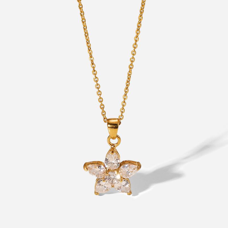 

Pendant Necklaces 18k Gold Plated Stainless Steel Tarnish Free Female Jewelry White Zircon Five Petal Flower Necklace For Women, Silver