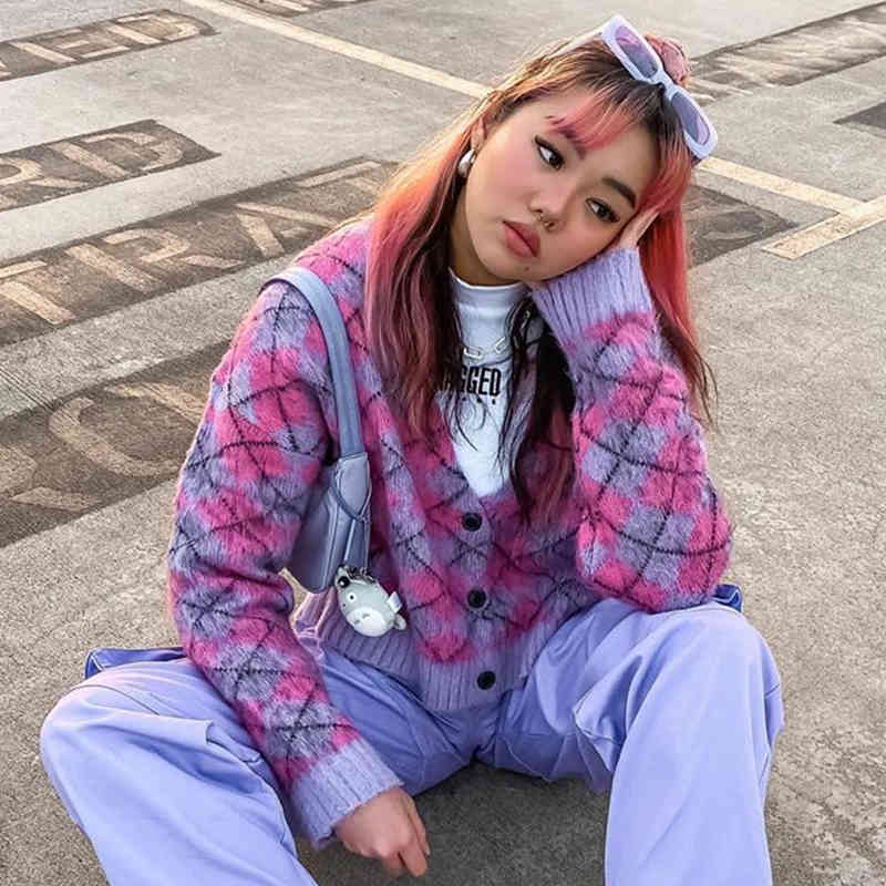 

Women's Sweaters Cardigan argyle fuzzy mesh with cleavage v button-up consumer cardigan female sweater harajuku aesthetic girl y2k streetwear/ U1XJ, 1# shoe box